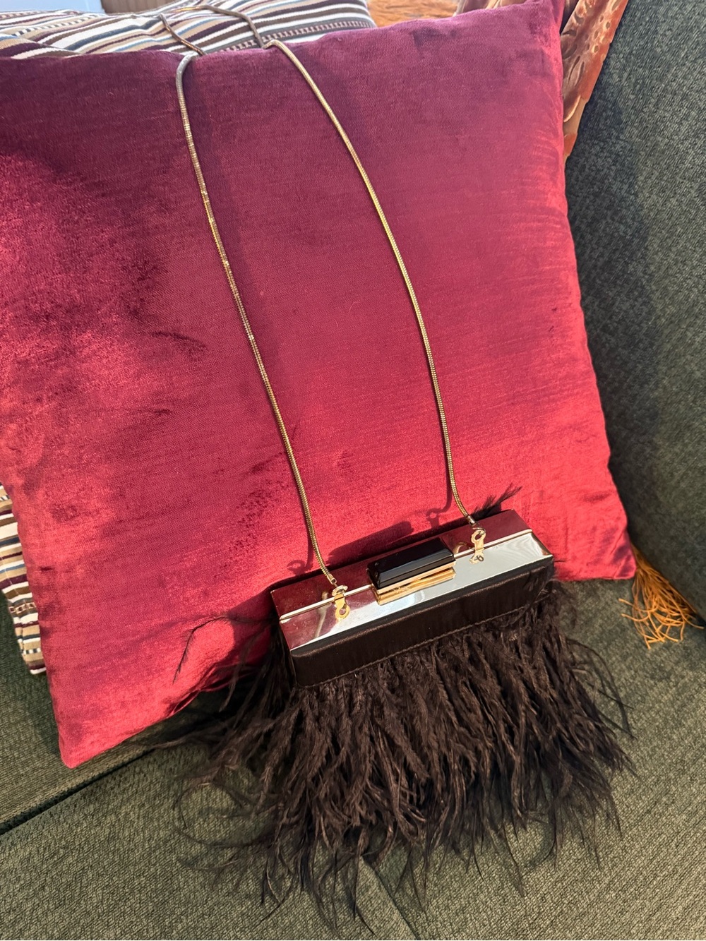Black Feather Fringe Evening Clutch with Gold Chain